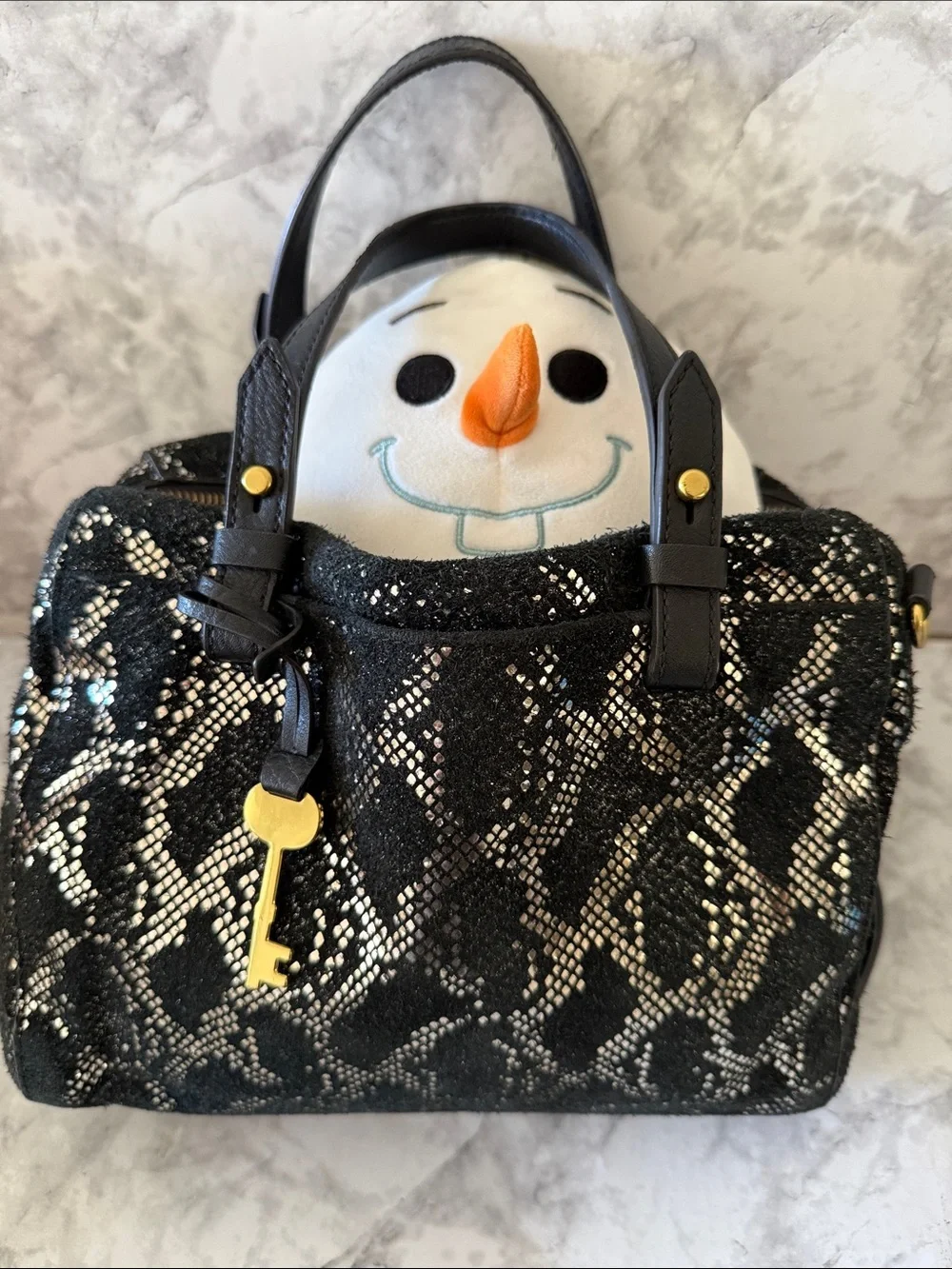 FOSSIL Black and Gold Snake-Print Satchel Handbag and squishmallow